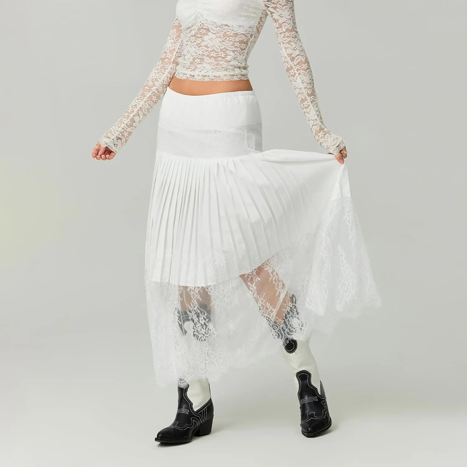 Women's Patchwork Floral Lace Hem Midi Skirt Elastic Waist Low Rise A Line Skirt Summer Casual Pleated Flowy Skirt