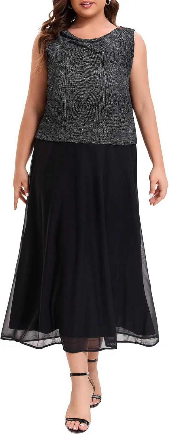 Women's Plus Size Mother of The Bride Suits Tea Length Glimmer Jacket Dress Set Formal Evening Gowns