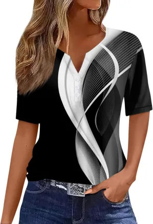 Womens Polo Shirts Short Sleeve Oversized V-Neck Pullover Printed Casual Shirt Top Loose Trendy Button Down T Shirt
