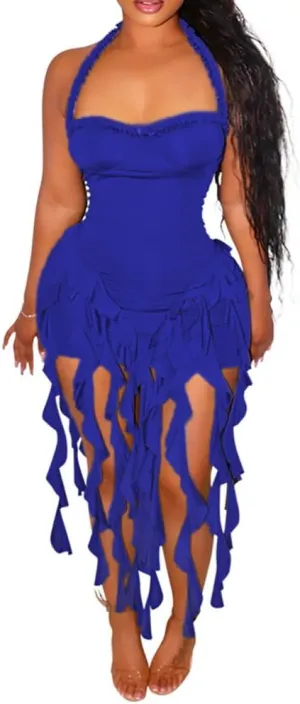 Women's Sexy Fringe Ruffle Halter Neck Off Shoulder Bodycon Blackless Ruched Tassel Hem Mini Flowy Dress