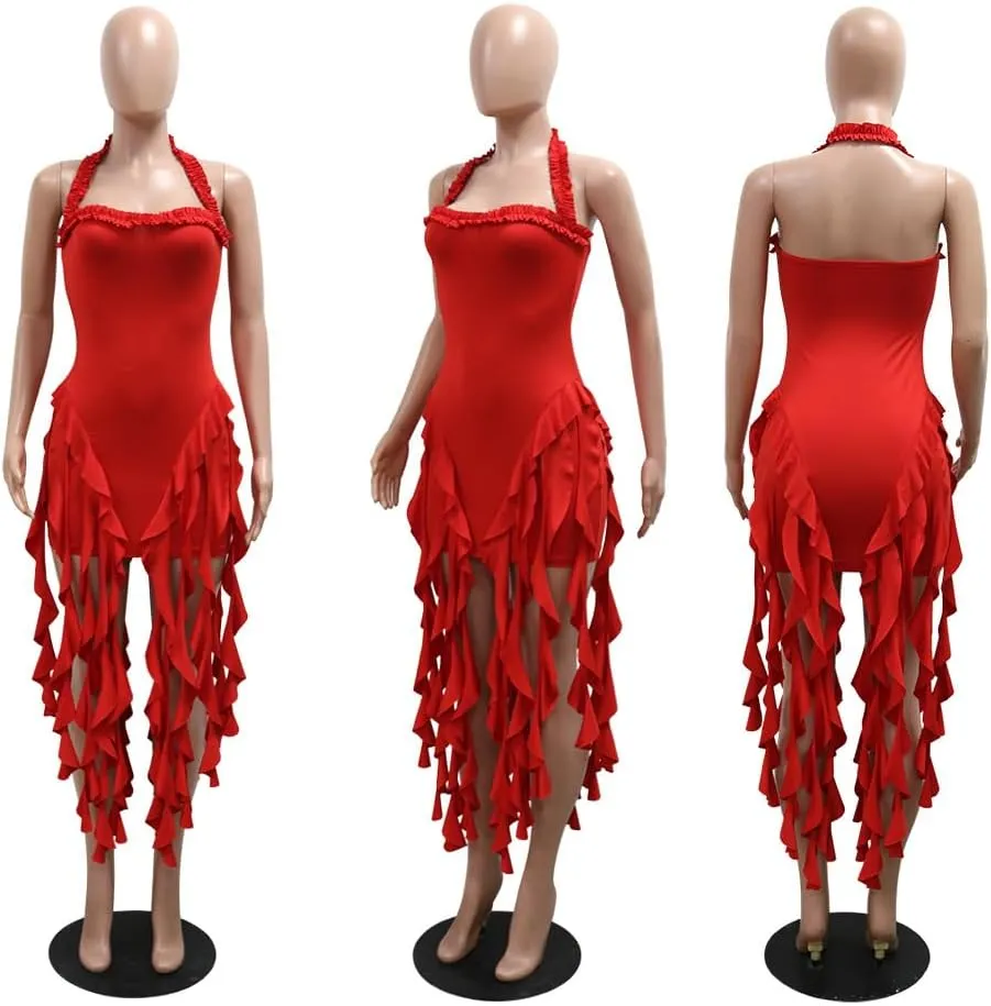 Women's Sexy Fringe Ruffle Halter Neck Off Shoulder Bodycon Blackless Ruched Tassel Hem Mini Flowy Dress
