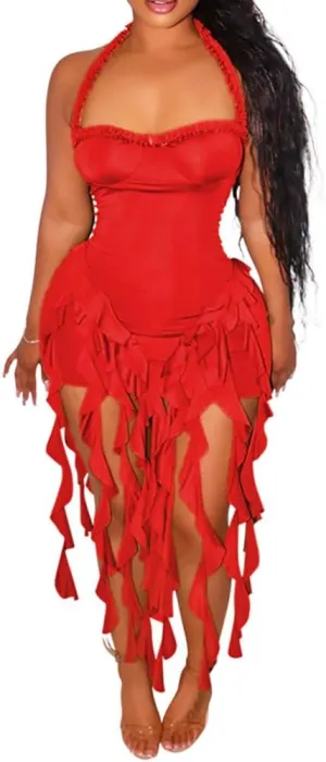 Women's Sexy Fringe Ruffle Halter Neck Off Shoulder Bodycon Blackless Ruched Tassel Hem Mini Flowy Dress