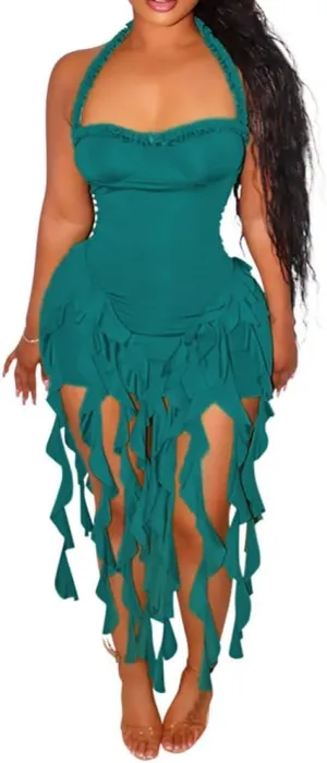 Women's Sexy Fringe Ruffle Halter Neck Off Shoulder Bodycon Blackless Ruched Tassel Hem Mini Flowy Dress