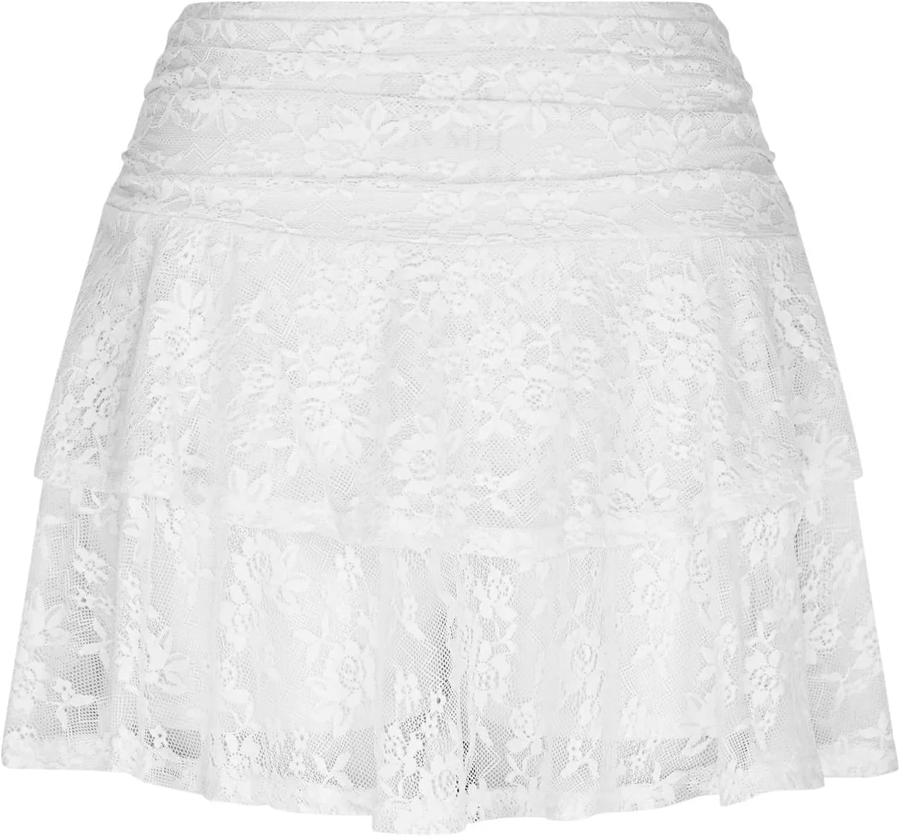 Womens Sexy High Waist Floral Lace Skirt Layered Ruffle Hem Mini Skirt Smocked A Line Pleated Beach Short Skirt