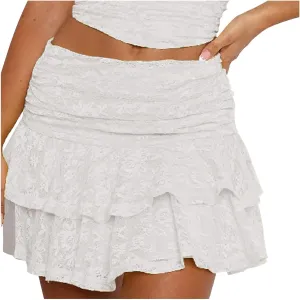 Womens Sexy High Waist Floral Lace Skirt Layered Ruffle Hem Mini Skirt Smocked A Line Pleated Beach Short Skirt