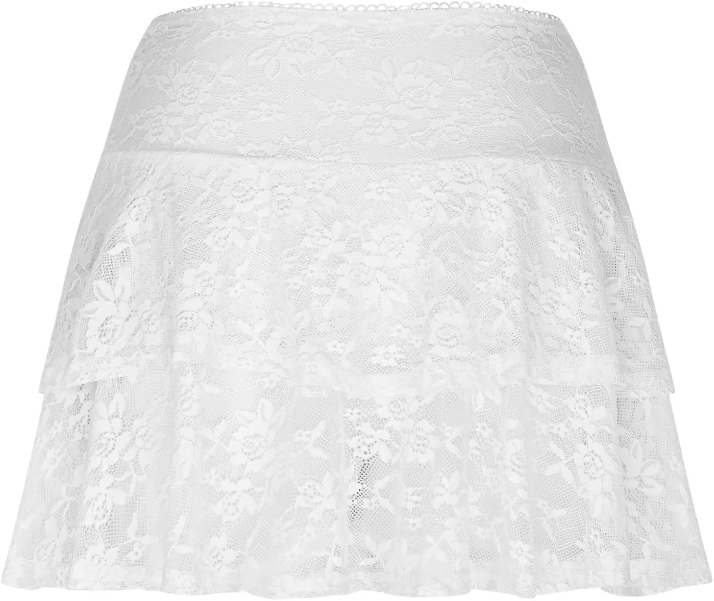 Womens Sexy High Waist Floral Lace Skirt Layered Ruffle Hem Mini Skirt Smocked A Line Pleated Beach Short Skirt