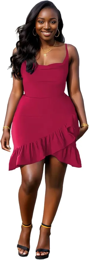 Womens Sexy Sleeveless Bodycon Mini Dress 2024 Summer Casual Straps Short Ruffle Dresses Beach Party Club Homecoming
