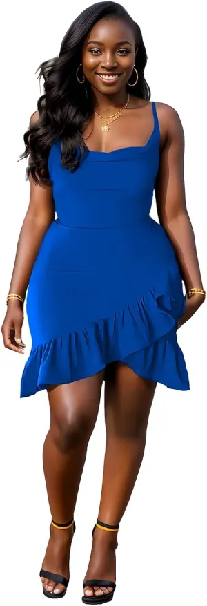 Womens Sexy Sleeveless Bodycon Mini Dress 2024 Summer Casual Straps Short Ruffle Dresses Beach Party Club Homecoming