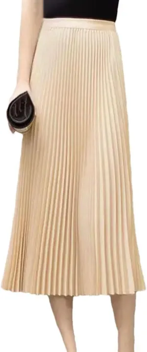 Womens Solid Color Pleated Straight Skirt Elastic Waist Long Dress