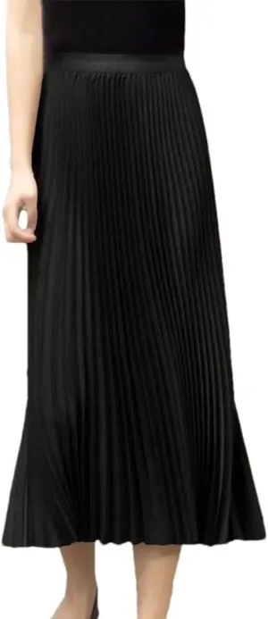Womens Solid Color Pleated Straight Skirt Elastic Waist Long Dress