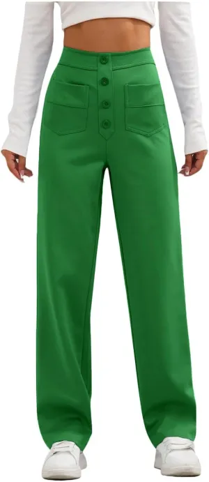 Women's Straight Leg Dress Pants Fahion 2024 High Waisted Button Down Stretchy Business Work Trousers with Pockets