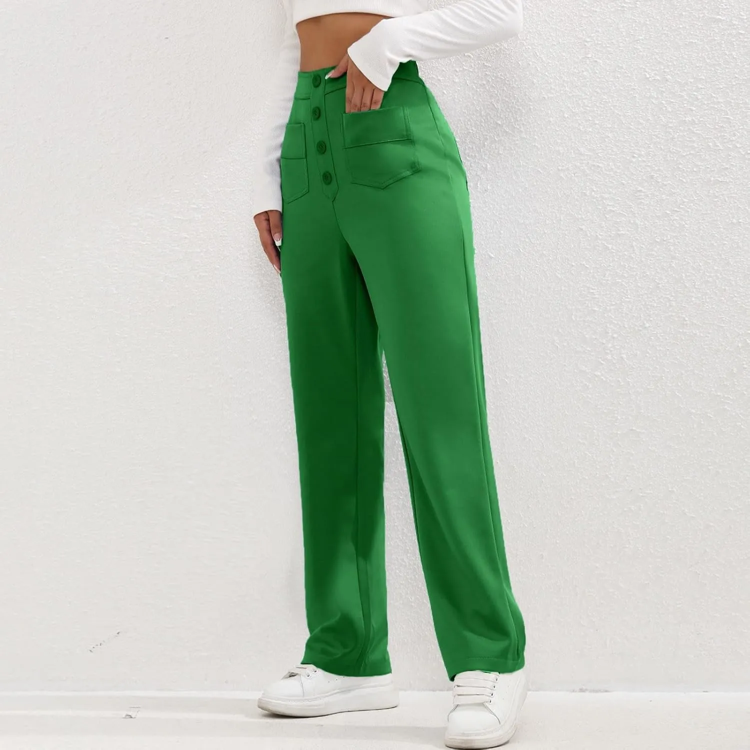 Women's Straight Leg Dress Pants Fahion 2024 High Waisted Button Down Stretchy Business Work Trousers with Pockets
