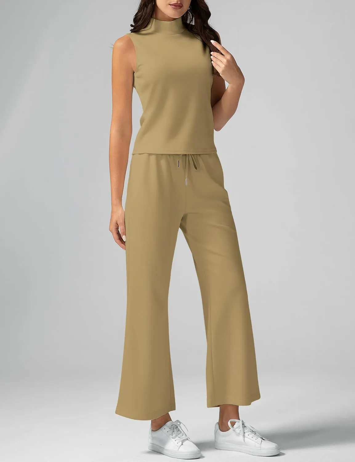 Women's Summer 2 Piece Outfits Mock Neck Tank Top Cropped Wide Leg Pants Lounge Sets 2025 Fashion Tracksuit