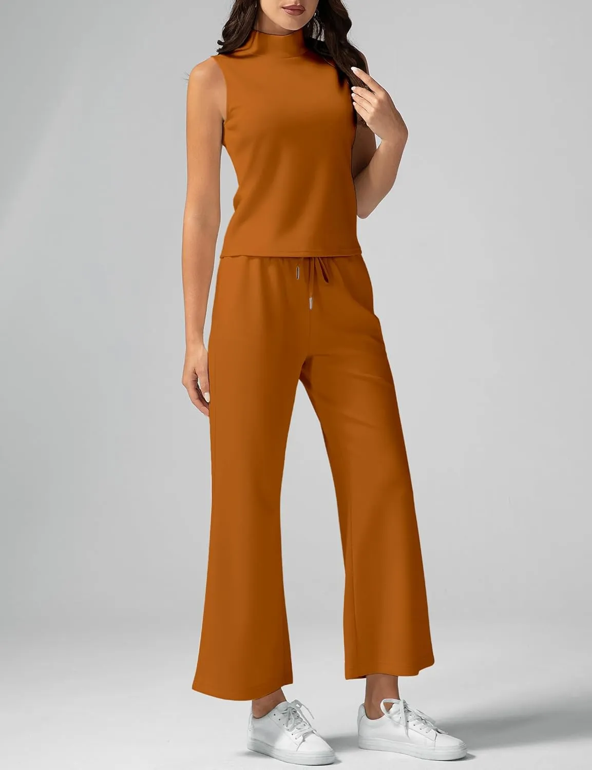 Women's Summer 2 Piece Outfits Mock Neck Tank Top Cropped Wide Leg Pants Lounge Sets 2025 Fashion Tracksuit