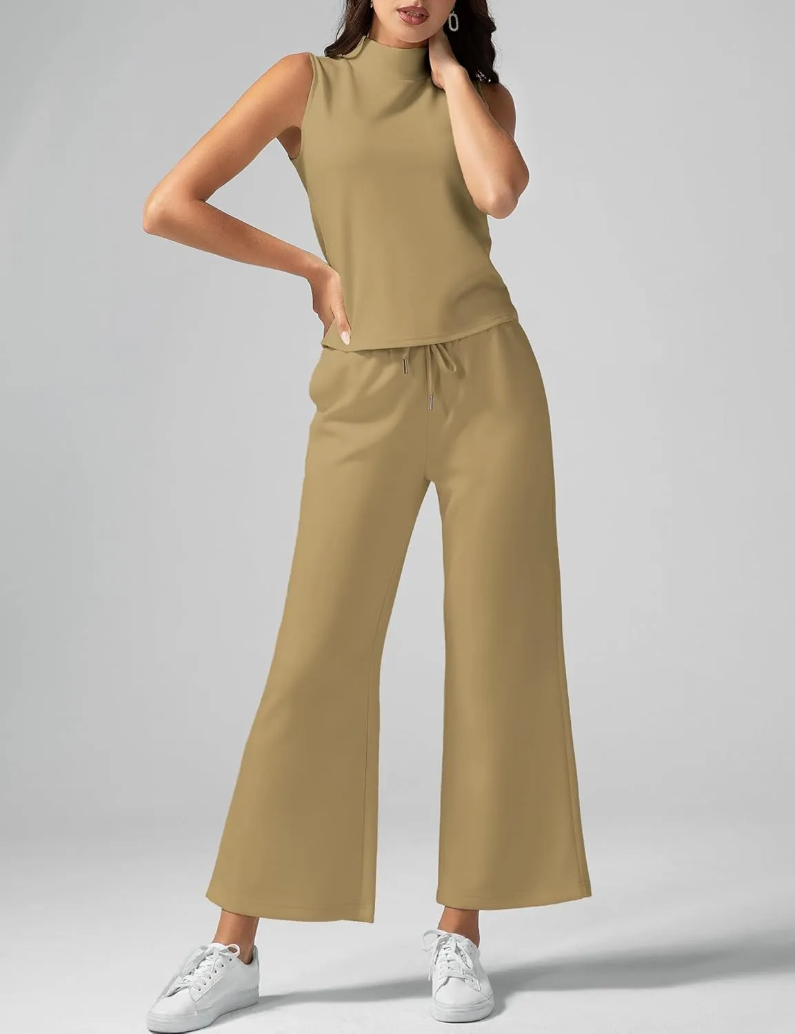 Women's Summer 2 Piece Outfits Mock Neck Tank Top Cropped Wide Leg Pants Lounge Sets 2025 Fashion Tracksuit