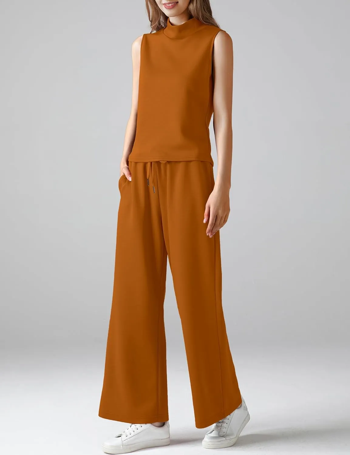 Women's Summer 2 Piece Outfits Mock Neck Tank Top Cropped Wide Leg Pants Lounge Sets 2025 Fashion Tracksuit