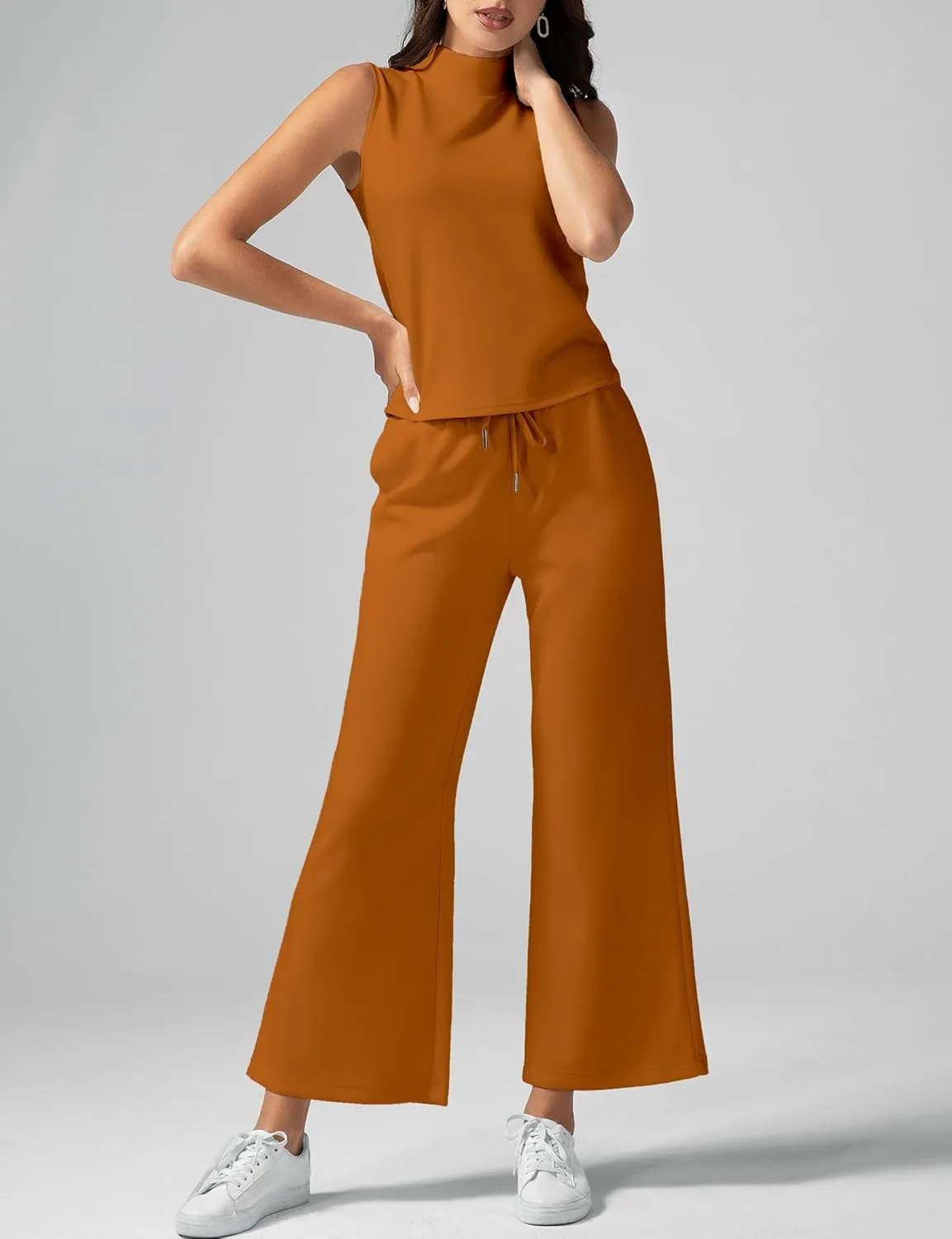 Women's Summer 2 Piece Outfits Mock Neck Tank Top Cropped Wide Leg Pants Lounge Sets 2025 Fashion Tracksuit