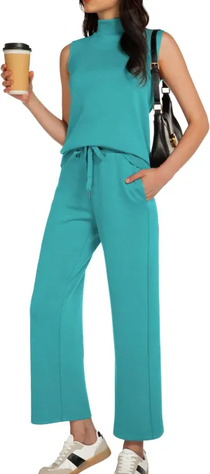 Women's Summer 2 Piece Outfits Mock Neck Tank Top Cropped Wide Leg Pants Lounge Sets 2025 Fashion Tracksuit