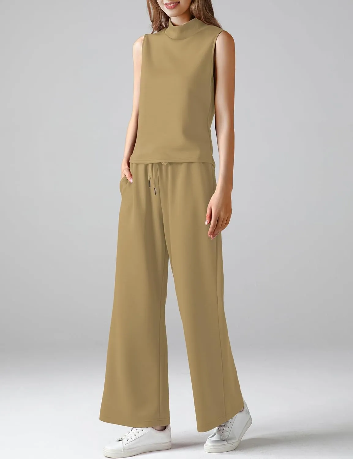 Women's Summer 2 Piece Outfits Mock Neck Tank Top Cropped Wide Leg Pants Lounge Sets 2025 Fashion Tracksuit