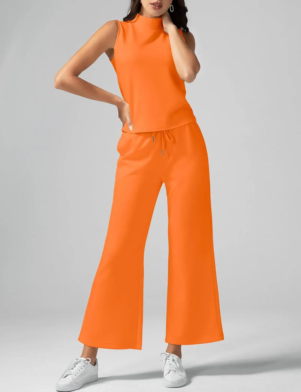 Women's Summer 2 Piece Outfits Mock Neck Tank Top Cropped Wide Leg Pants Lounge Sets 2025 Fashion Tracksuit
