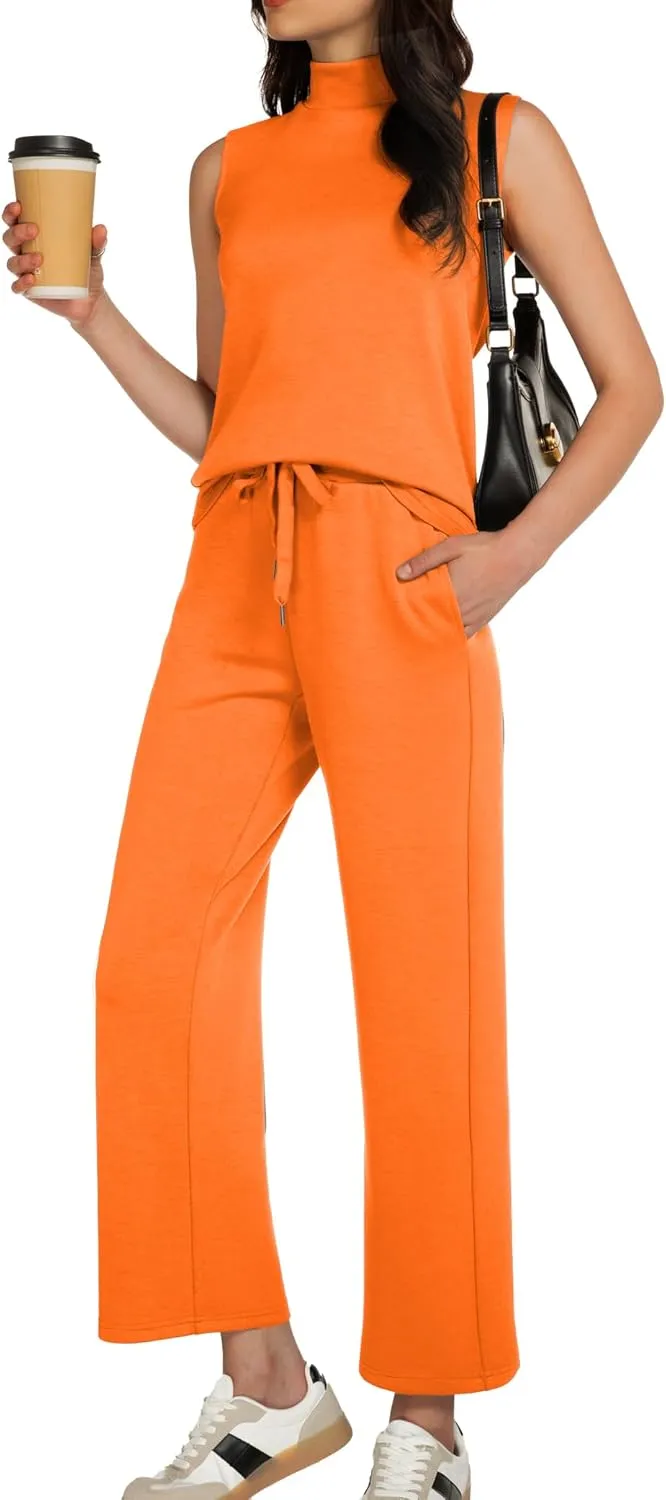 Women's Summer 2 Piece Outfits Mock Neck Tank Top Cropped Wide Leg Pants Lounge Sets 2025 Fashion Tracksuit