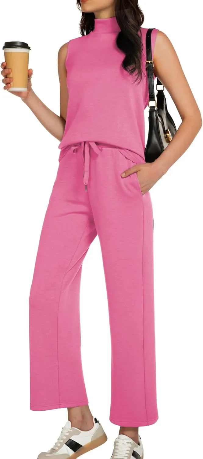 Women's Summer 2 Piece Outfits Mock Neck Tank Top Cropped Wide Leg Pants Lounge Sets 2025 Fashion Tracksuit