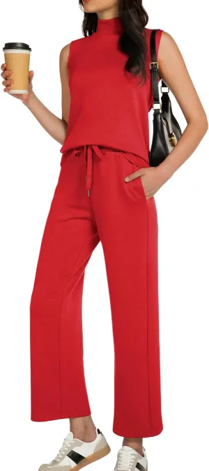 Women's Summer 2 Piece Outfits Mock Neck Tank Top Cropped Wide Leg Pants Lounge Sets 2025 Fashion Tracksuit
