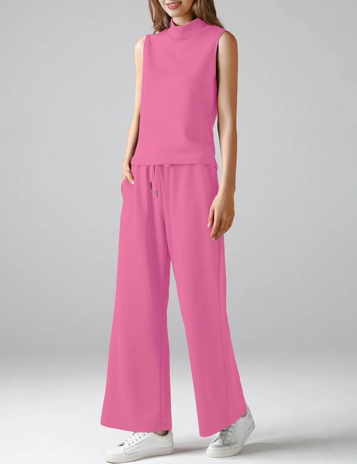 Women's Summer 2 Piece Outfits Mock Neck Tank Top Cropped Wide Leg Pants Lounge Sets 2025 Fashion Tracksuit