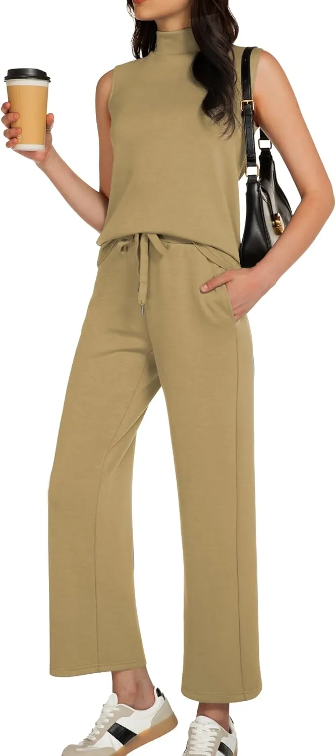 Women's Summer 2 Piece Outfits Mock Neck Tank Top Cropped Wide Leg Pants Lounge Sets 2025 Fashion Tracksuit