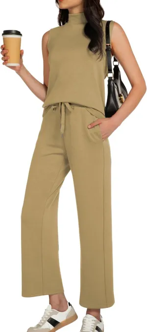 Women's Summer 2 Piece Outfits Mock Neck Tank Top Cropped Wide Leg Pants Lounge Sets 2025 Fashion Tracksuit