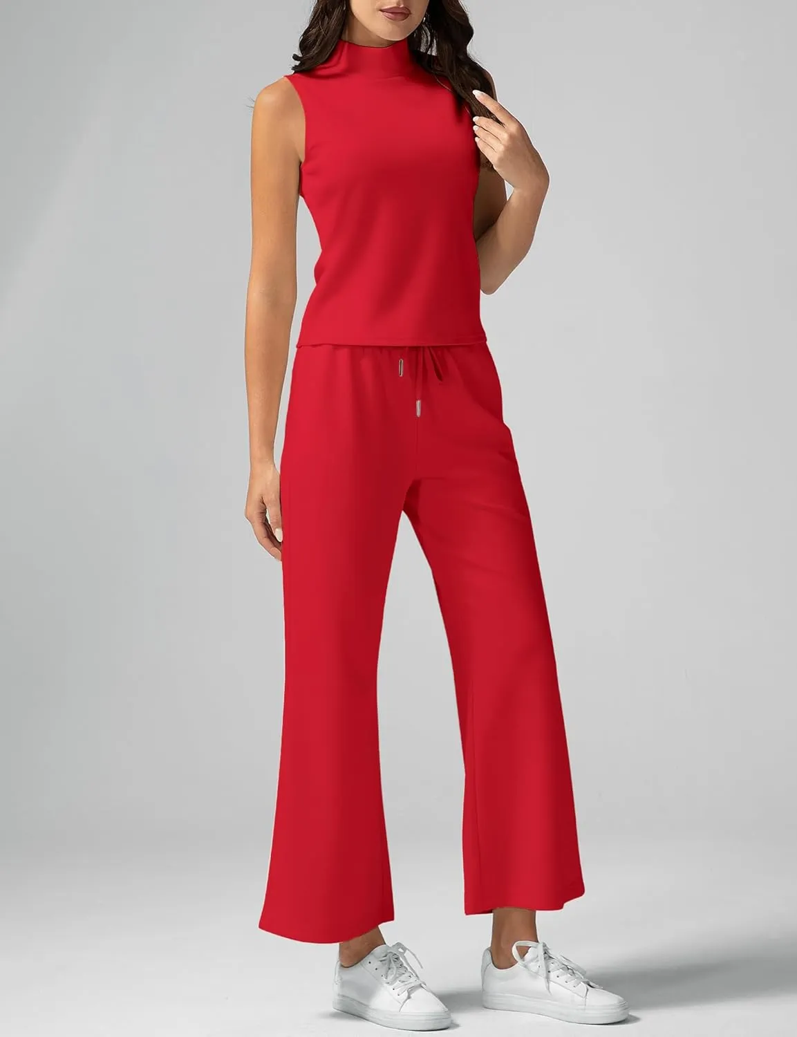 Women's Summer 2 Piece Outfits Mock Neck Tank Top Cropped Wide Leg Pants Lounge Sets 2025 Fashion Tracksuit