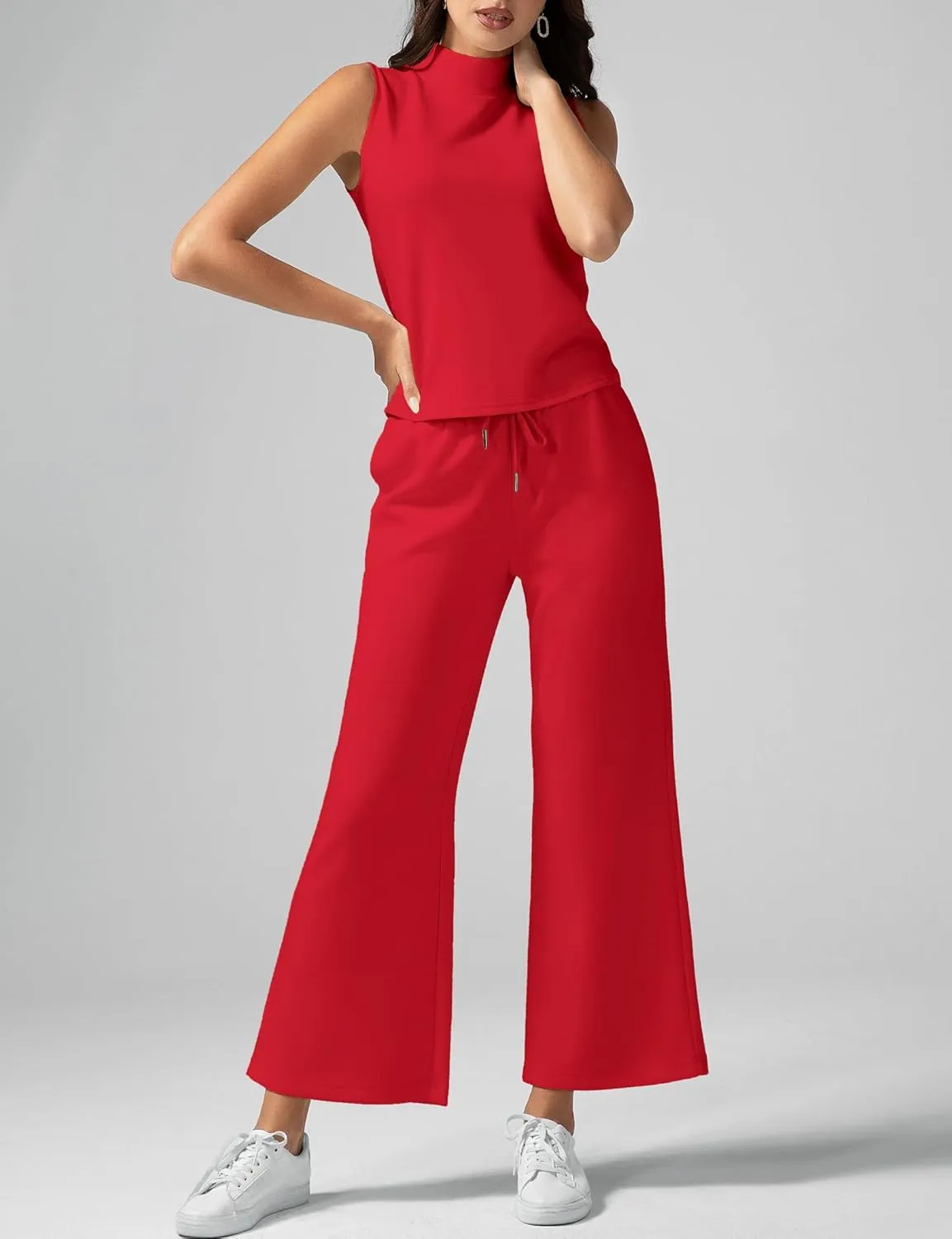 Women's Summer 2 Piece Outfits Mock Neck Tank Top Cropped Wide Leg Pants Lounge Sets 2025 Fashion Tracksuit