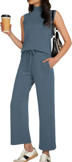 Women's Summer 2 Piece Outfits Mock Neck Tank Top Cropped Wide Leg Pants Lounge Sets 2025 Fashion Tracksuit