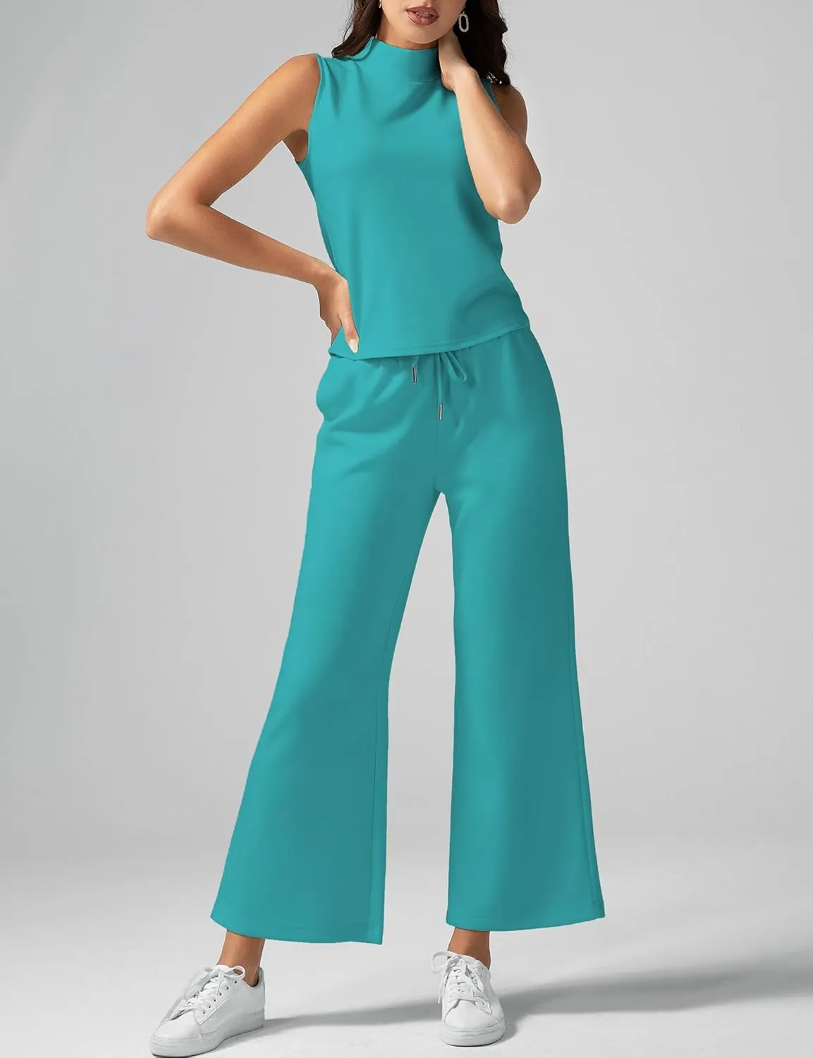 Women's Summer 2 Piece Outfits Mock Neck Tank Top Cropped Wide Leg Pants Lounge Sets 2025 Fashion Tracksuit