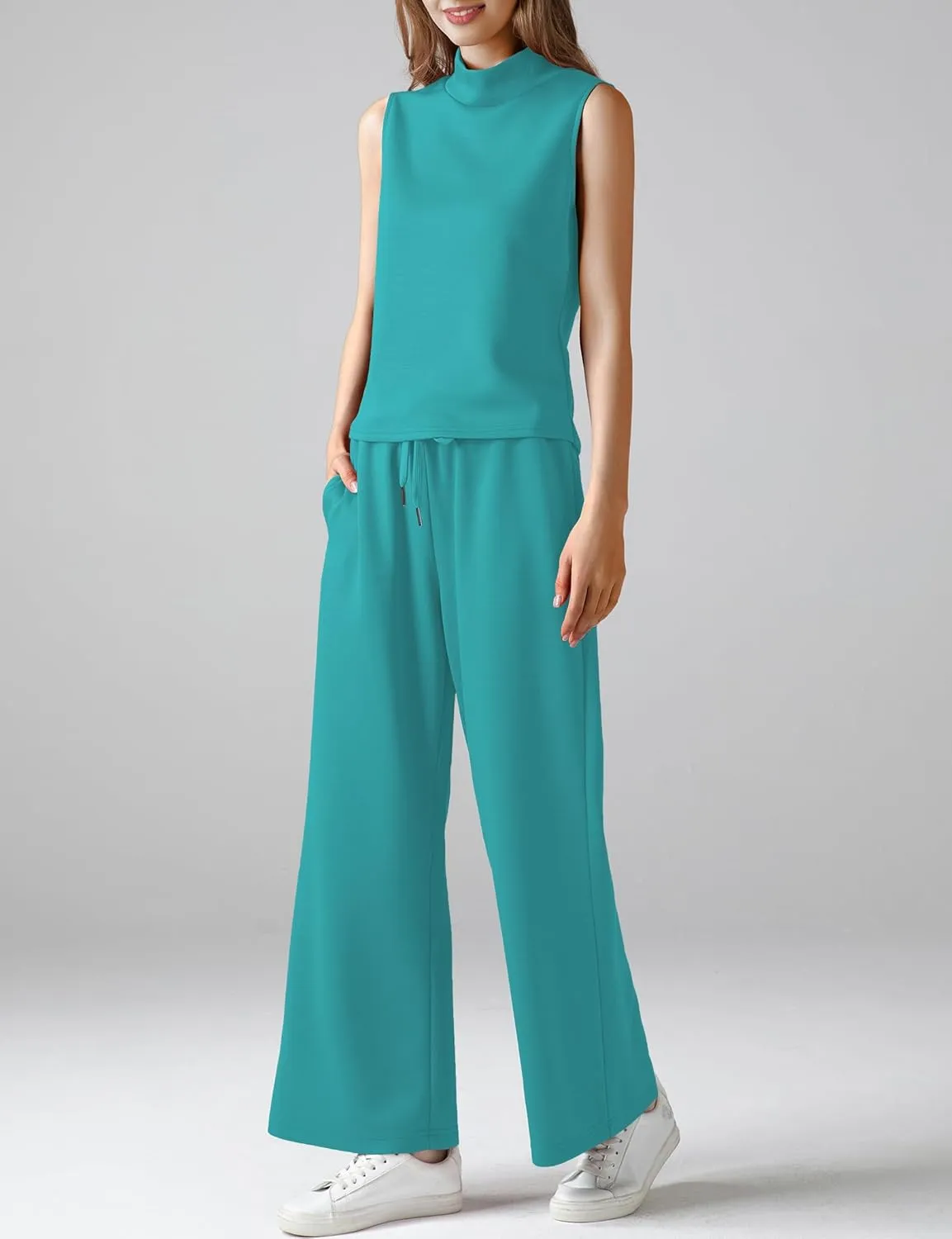 Women's Summer 2 Piece Outfits Mock Neck Tank Top Cropped Wide Leg Pants Lounge Sets 2025 Fashion Tracksuit