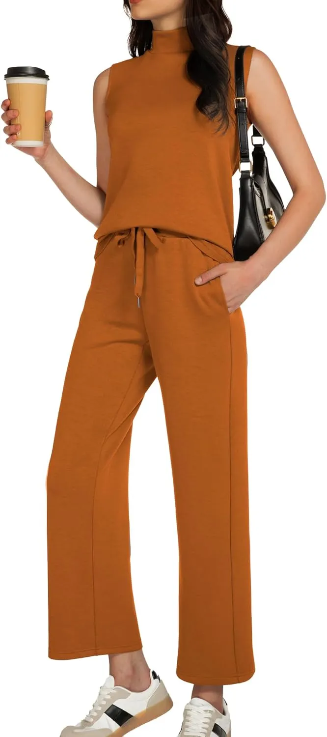 Women's Summer 2 Piece Outfits Mock Neck Tank Top Cropped Wide Leg Pants Lounge Sets 2025 Fashion Tracksuit