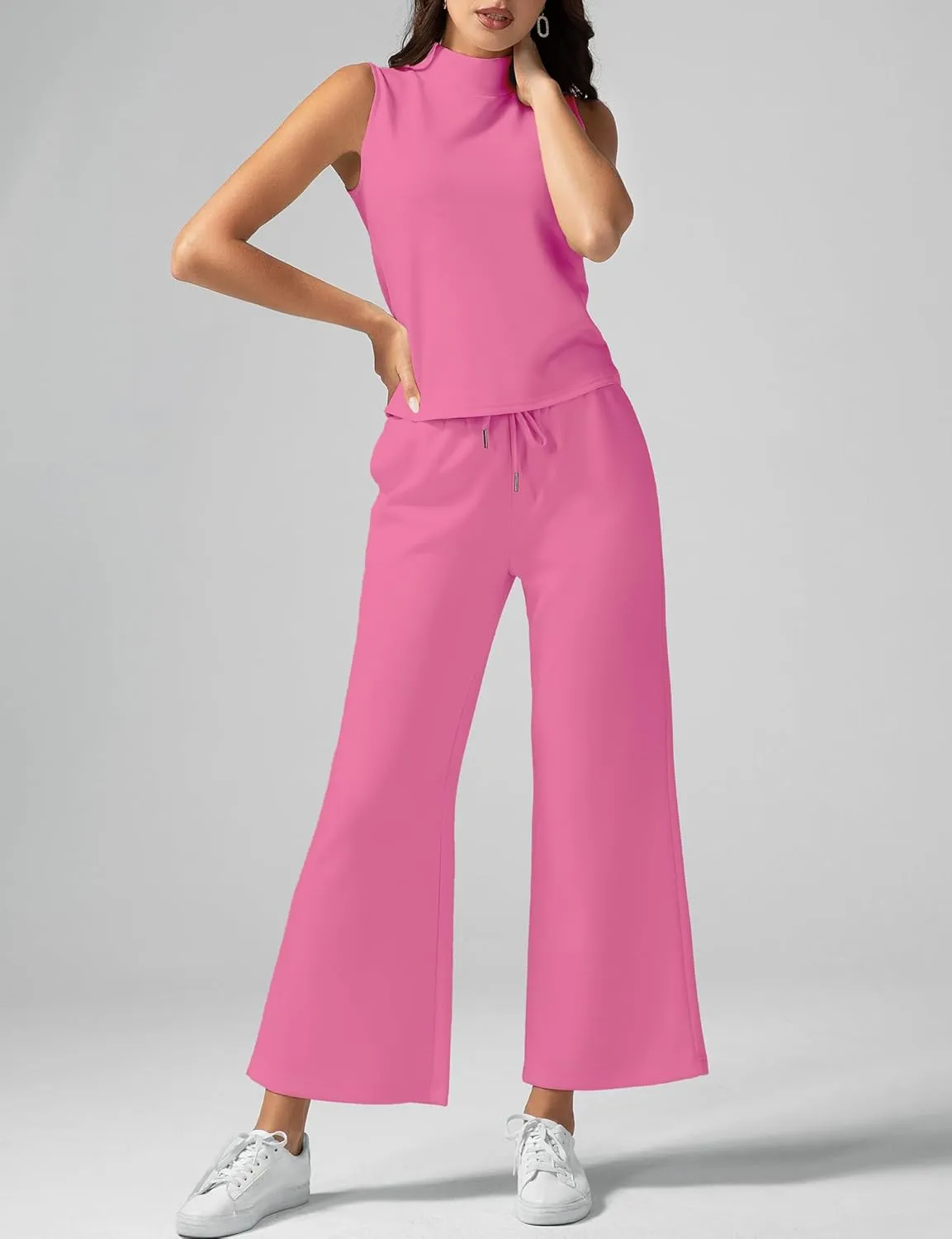 Women's Summer 2 Piece Outfits Mock Neck Tank Top Cropped Wide Leg Pants Lounge Sets 2025 Fashion Tracksuit