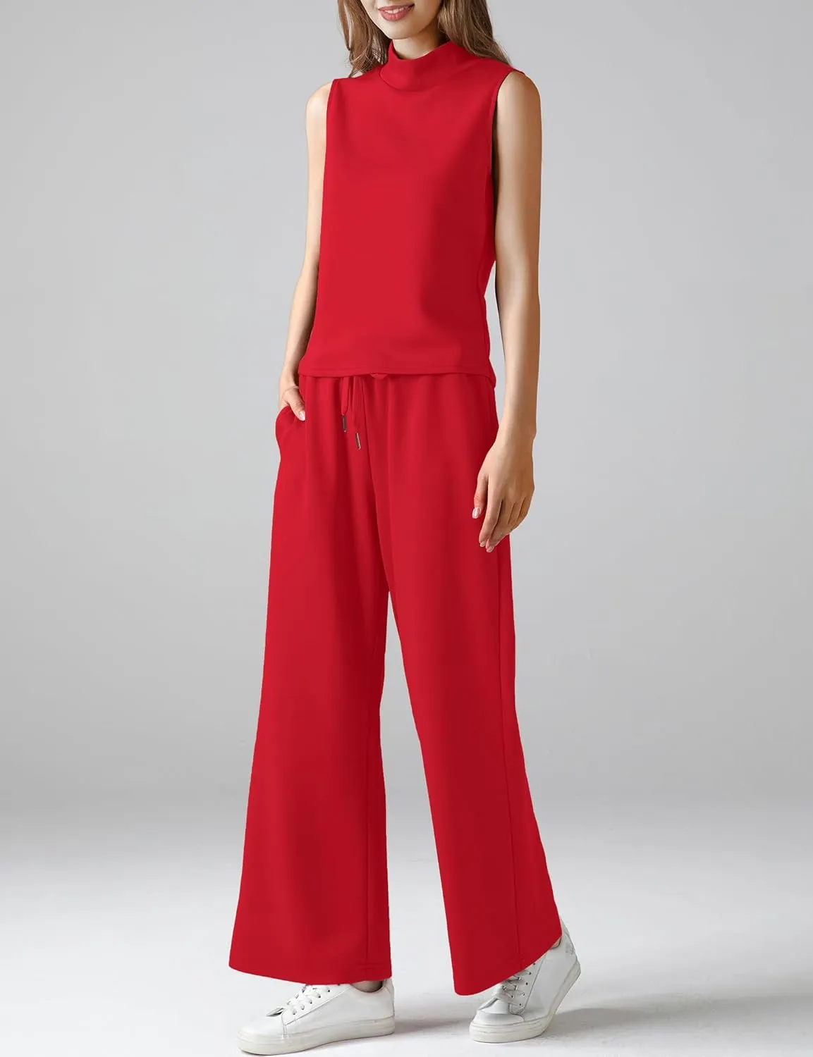 Women's Summer 2 Piece Outfits Mock Neck Tank Top Cropped Wide Leg Pants Lounge Sets 2025 Fashion Tracksuit