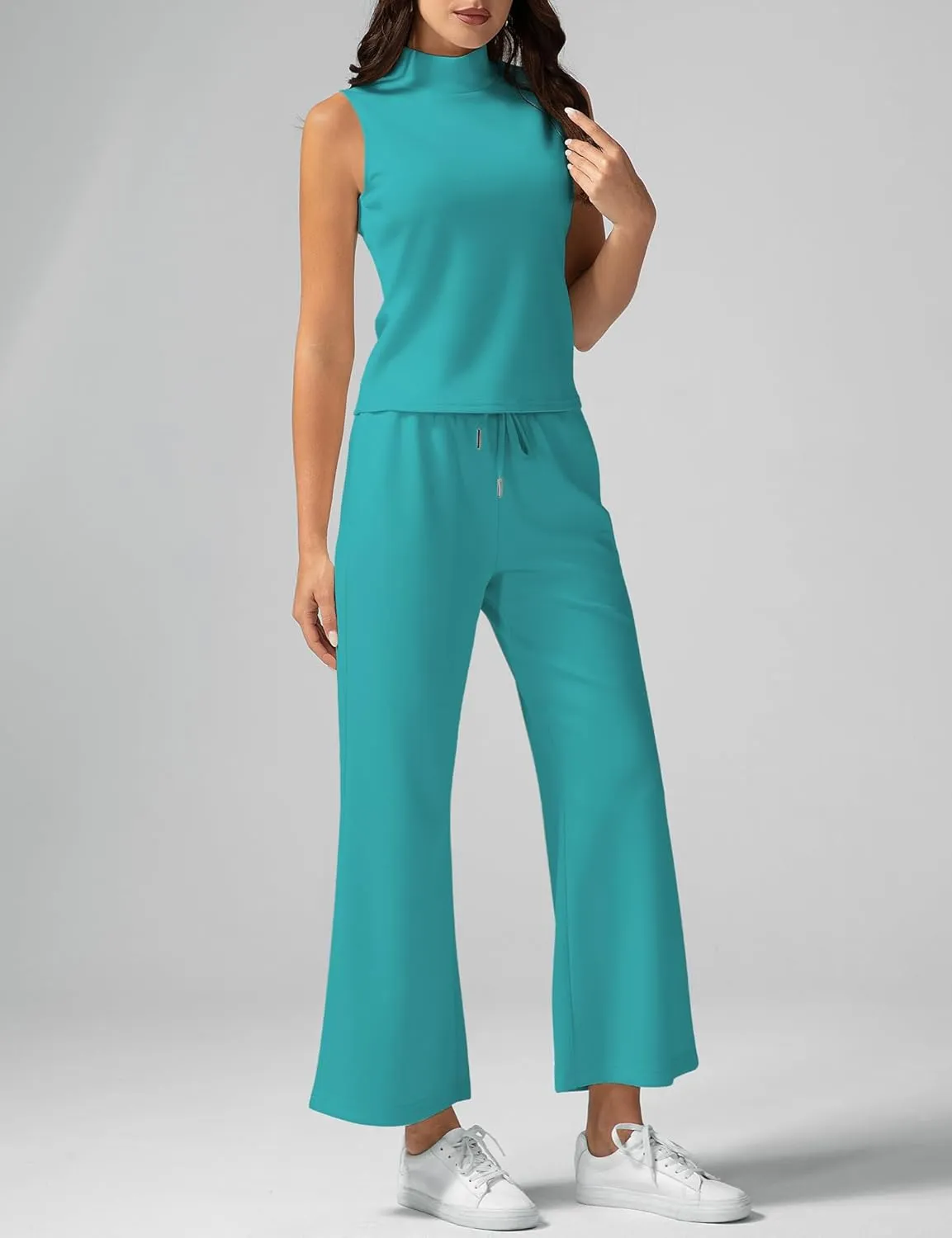 Women's Summer 2 Piece Outfits Mock Neck Tank Top Cropped Wide Leg Pants Lounge Sets 2025 Fashion Tracksuit