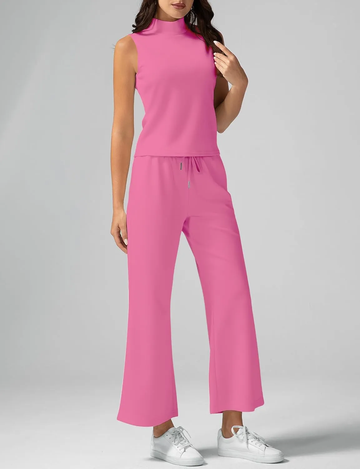 Women's Summer 2 Piece Outfits Mock Neck Tank Top Cropped Wide Leg Pants Lounge Sets 2025 Fashion Tracksuit