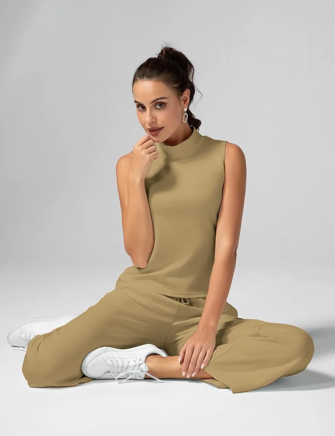 Women's Summer 2 Piece Outfits Mock Neck Tank Top Cropped Wide Leg Pants Lounge Sets 2025 Fashion Tracksuit