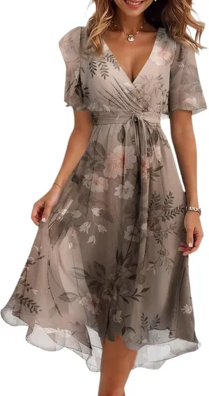 Women's Summer Bohemian Floral Casual Wrap V Neck Flutter Sleeve A-Line Pleated Hem Midi Sundress