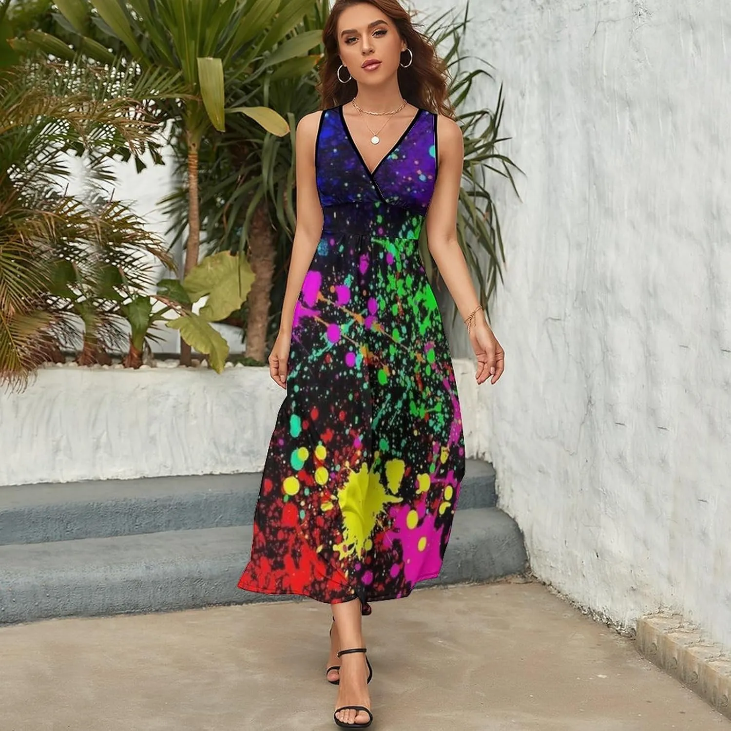 Women's Summer Casual Wrap Dress Sleeveless Flared Midi Dress
