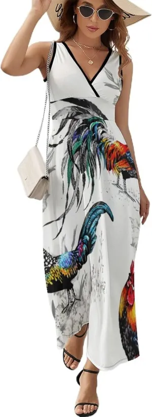 Women's Summer Casual Wrap Dress Sleeveless Flared Midi Dress