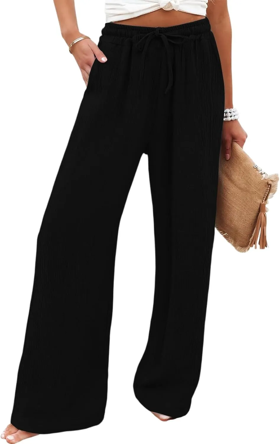 Women's Summer Cotton Linen Drawstring Straight Leg Palazzo Pants High Waist Beach Flowy Trouser Pant with Pocket
