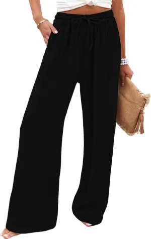 Women's Summer Cotton Linen Drawstring Straight Leg Palazzo Pants High Waist Beach Flowy Trouser Pant with Pocket
