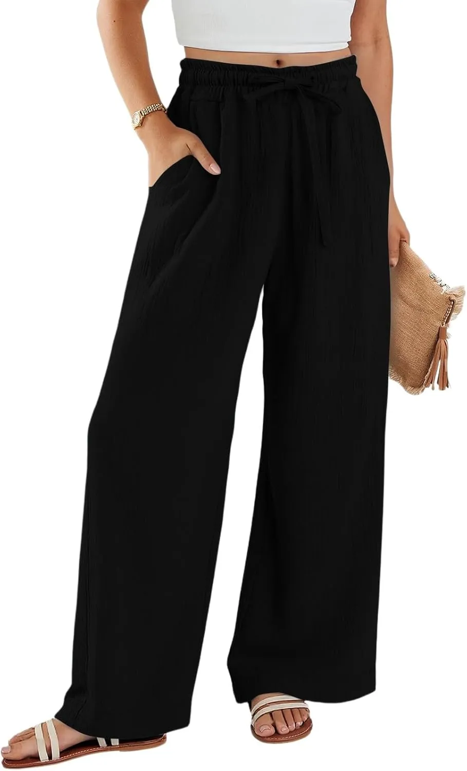 Women's Summer Cotton Linen Drawstring Straight Leg Palazzo Pants High Waist Beach Flowy Trouser Pant with Pocket
