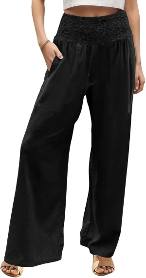 Womens Summer Cotton Linen Palazzo Pants Casual Drawstring Elastic Waist Wide Leg Trousers Beach Vacation Outfits