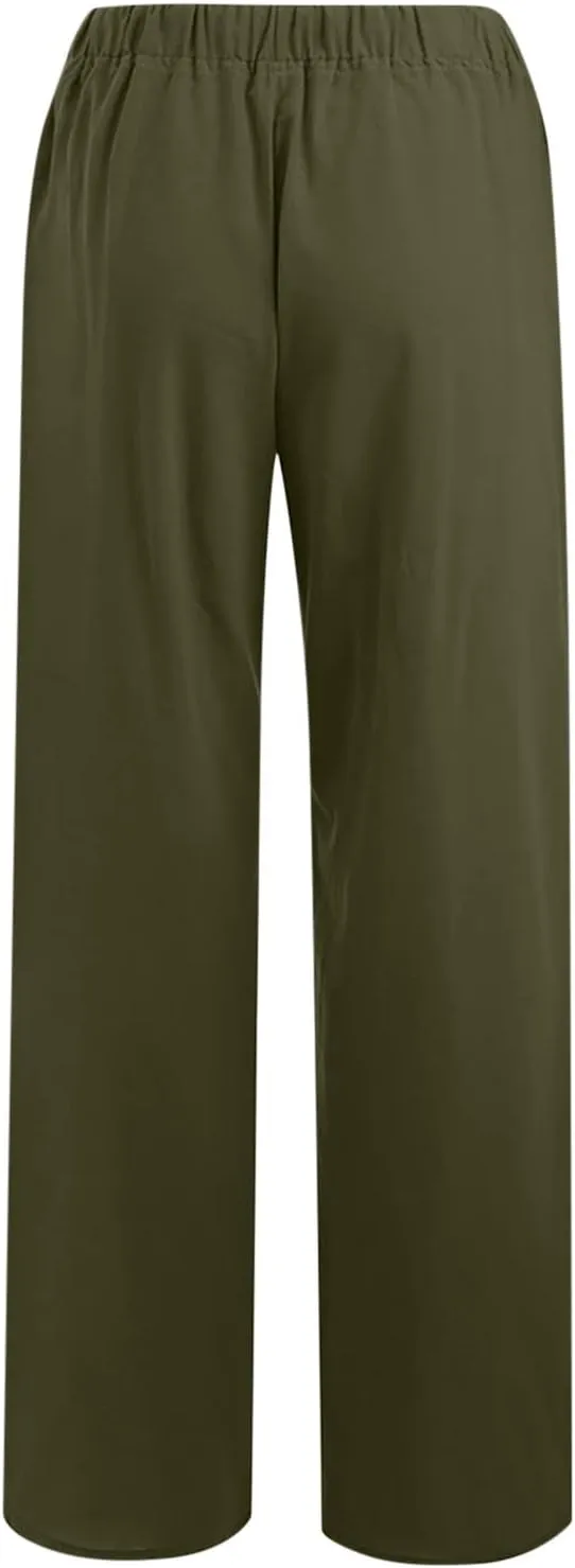Womens Summer Cotton Linen Pants High Waist Casual Wide Leg Long Palazzo Pants Loose Boho Beach Trousers
