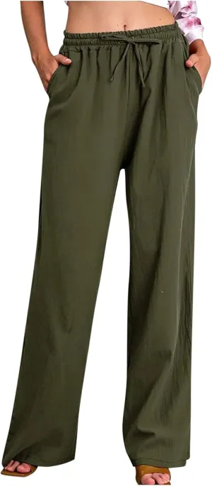 Womens Summer Cotton Linen Pants High Waist Casual Wide Leg Long Palazzo Pants Loose Boho Beach Trousers